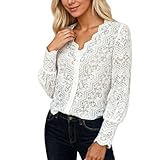 BIBOKAOKE Spitzenbluse Damen Langarm Elegant Blusen V-Ausschnitt Hemdbluse Spitze Oberteil Lässig...