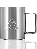 ALPLAKE® Doppelwandige Edelstahl-Tasse, Metall-Becher, Klapp-Griff, 250 ml