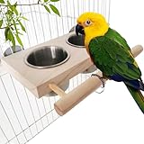 Toivize Vogelfutternapf Edelstahl mit Holz Sitzstange, Doppel Futterschale für Papageien,...