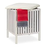 Relaxdays Wäschekorb mit Sitz, Badhocker, Landhausstil, 40 l Wäschesammler, Holz & Stoff, HxBxT:...