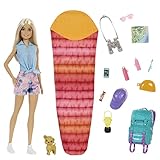 Barbie Camping Serie, 1x Puppe mit blonden Haaren, Wanderrucksack, Outdoor-Ausrüstung, Fernglas,...