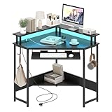 COSTWAY Eckschreibtisch mit Ladestation, dreieckiger Winkelschreibtisch mit LED, Tastaturablage &...