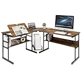 COSTWAY L-förmiger Schreibtisch, Eckschreibtisch aus Holz mit neigbarer Tischplatte, unterem...