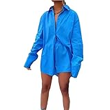 Damen Sommer Hemd und Shorts Outfits Langarm Farbe Match Bluse und Shorts Zweiteiliges Set, blau,...