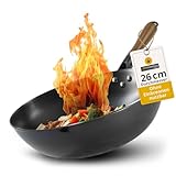 asiastreetfood Der perfekte Wok, Ø 26cm – Robuster Carbonstahl-Wok mit flachem Boden - Holzgriff...
