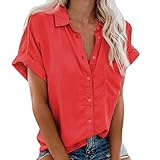 Bluse Damen Elegant Einfarbig Blusenshirt Revers Shirts Kurzarm Tshirt Knöpfe Longbluse Einreihiges...