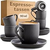 Cosumy Espressotassen Schwarz Matt mit Untertassen 6er Set - 90ml - Streifenmuster Keramik -...