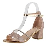 VAN HILL Damen Klassische Sandaletten Blockabsatz Schuhe Strass Metallic Partyschuhe Elegante...