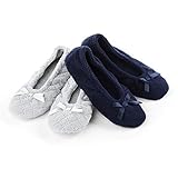 isotoner Damen 2er-Pack Mictroterry Ballerina Slipper mit Satinschleife, Hellgrau, gesteppt,...