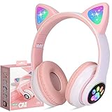 JYPS Kinderkopfhörer Bluetooth, Mädchen Katzenohr Kopfhörer Over-Ear mit LED-licht Faltbare...