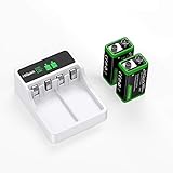 HiQuick 9V Akku mit Ladegerät Set - LCD 9V Batterieladegerät mit 2 X 280mAh 9V Akkus, Ladegerät...