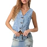 Frauen Lässig Jeans Weste Ärmellos Knopfverschluss Tiefer V-Ausschnitt Jeans Weste Cropped Tops...