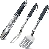 Grillbesteck Set dreiteilig 44 cm Grill Set mit Grillzange, Grillwender und Fleischgabel aus...