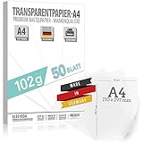 50 Blatt Blatt Transparentpapier bedruckbar DIN A4 PREMIUM 102g zum selber Bedrucken, Basteln...