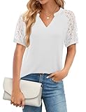 Beluring Shirts Damen Sommer Casual V-Ausschnitt T-Shirt Elegant Kurzarm Tunika Bluse Weiß L