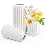 Vasen Deko, Keramik Vase Weiß 3er-Set, Matte Blumenvase Moderne mit Rillen, Dekorative Vasen für...