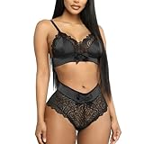 NewBull Damen Sexy Spitze Dessous Set Nachtwäsche Zweiteilig Durchsichtig Blumen Schleife Sling BH...