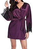 Leader of the Beauty Damen Nachthemd, langärmelig, V-Ausschnitt, Gürtel, Pyjama, Spitze, legeres...