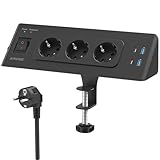 3 Fach Tischsteckdose mit USB C, 7 in 1 Mehrfachsteckdose mit Schalter, Steckdosenleiste...