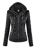 Lock and Love Damen Abnehmbare Kapuze Kunstleder Jacke Moto Biker Mantel, Wjc663_schwarz, Large