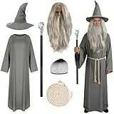 Hexer Kostüm Set Erwachsene: Grauer Umhang, Frei Formbarer Hexerhut, Perücke, Bart,...