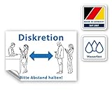 Aufkleber Diskretion - Bitte Abstand halten! Warnhinweis UV-beständig & wasserfestes PVC - 300x195...