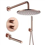 Mischbatterie Dusche Thermostat Rose Gold Messing 10 in Regendusche Kopfbrause und Schlauch Set...