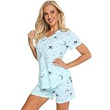 Jecarden Damen Schlafanzug Kurz Damen Pyjama Set Sommer Nachtwäsche Baumwolle Zweiteiliger...