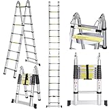 COOCHEER Teleskopleiter 5M, Alu Leiter Ausziehbar mit 16 Sprossen, Klappleiter 5 Meter,...