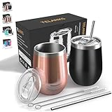 TELANKS Wein Becher to go,2 Stück Weinglas to go,Edelstahl Weinbecher Isoliert mit Deckel,Sekt...