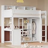 FEZTOY Hochbett 90x200 mit Kleiderschrank, Schreibtisch und Regal, Kinderbett Einzelbett mit...