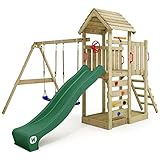 WICKEY Spielturm Klettergerüst MultiFlyer mit Holzdach, Schaukel & grüner Rutsche, Outdoor Kinder...