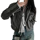 Autumn Street Retro Hong Kong Style Revers Langarm Lederjacke Damen Einfarbig Lose Tasche...