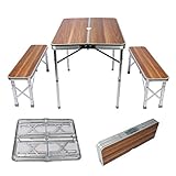 Wiltec Aluminium Koffertisch mit Zwei Bänken Holzdesign 90x66x70 cm klappbar Campingtisch...
