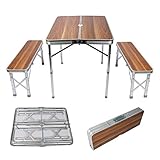 Wiltec Koffertisch mit 2 Bänken Holzdesign Aluminium 90x66x70 cm Campingtisch klappbar Sitzgruppe...