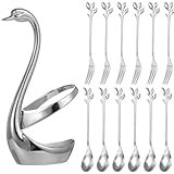Chewtoyo 13-teiliges Set mit Gabel und Löffel mit Schwanenboden, 11,9 cm, Edelstahl, Kaffeelöffel...