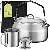Praknu Camping Wasserkocher Set 1L Edelstahl - Ohne Strom - Wasserkessel, Becher, Teesieb & Tasche -...