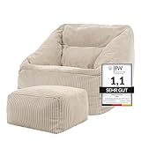 Icon Natalia Sitzsack Sessel mit Hocker für Erwachsene, Beige, Flauschiger Cord Stoff, Riesen...