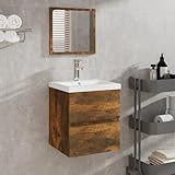Gecheer Waschbeckenunterschrank mit Waschbecken Spiegel Räuchereiche, Moderner Badezimmerschrank...