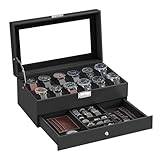 SONGMICS Uhrenbox, Uhrenkasten mit Glasdeckel, 2 Ebenen, für 12 Uhr, abschließbar, 1 Schublade,...