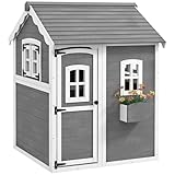 Outsunny Kinderspielhaus aus Holz Kinderhaus Outdoor mit Tür, Fenster, Gartenhaus mit Pflanzkasten,...