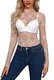 Damen Sexy Oberteil Transparent Bluse Netzoberteil Mesh Crop Top Langarm Durchsichtiges Oberteile...