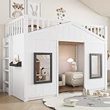 Kinderbett Etagenbett 90x200, Hausbett Hochbett mit Fenster & Regal, Bettgestell mit Rausfallschutz...