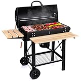 LEHMANN Holzkohlegrill mit Grillrost XL, Grillwagen mit 2 Holzeinlegeböden, Deckel, Rädern und...