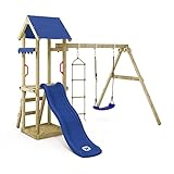 WICKEY Spielturm Klettergerüst TinyCabin mit Schaukel & Blauer Rutsche, Outdoor Kinder Kletterturm...