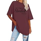 Tshirt Damen Oversize Einfarbig Smile Druck Kurzarm Tshirt Locker Sommer Große Größen Lässig...