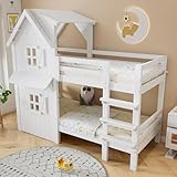 Generisch Etagenbett 90x200 cm, Bett mit Dach, Stockbett mit Fenster, Holzbett mit Leiter,...
