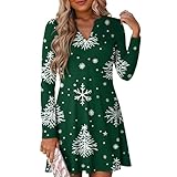 Weihnachtskleid Damen Knielang Elegant V-Ausschnitt Abendkleid Langarm Tunika Kleid A-Linie Herbst...