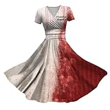 Halloween Kostüm Damen Kleid mit Blutigem Aufdruck A-Line Mittelalter Kleider Zombie Braut Kostüm...