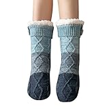 SAUTRV Damen Winter Warm Gemütlich Fuzzy Gefüttert Mit Greifern Slipper Socken Workout, blau,...